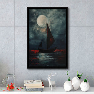 Muted Sailboat In Moonlight Oil Painting V2, Framed Canvas Prints Wall Art Decor, Floarting Frame Painting Canvas Art