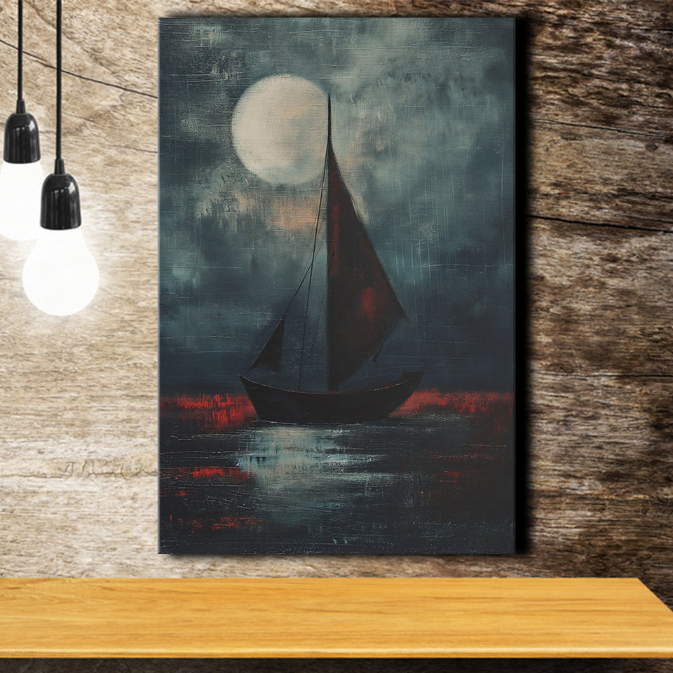 Muted Sailboat In Moonlight Oil Painting V2, Canvas Prints Wall Art Home Decor, Painting Canvas Art