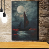 Muted Sailboat In Moonlight Oil Painting V2, Canvas Prints Wall Art Home Decor, Painting Canvas Art