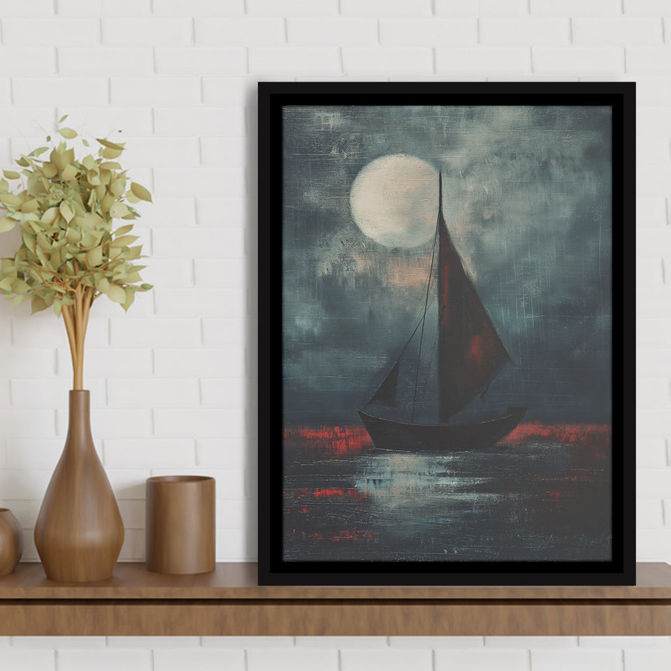 Muted Sailboat In Moonlight Oil Painting V2, Framed Canvas Prints Wall Art Decor, Floarting Frame Painting Canvas Art