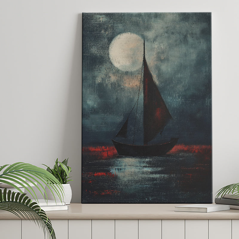 Muted Sailboat In Moonlight Oil Painting V2, Canvas Prints Wall Art Home Decor, Painting Canvas Art