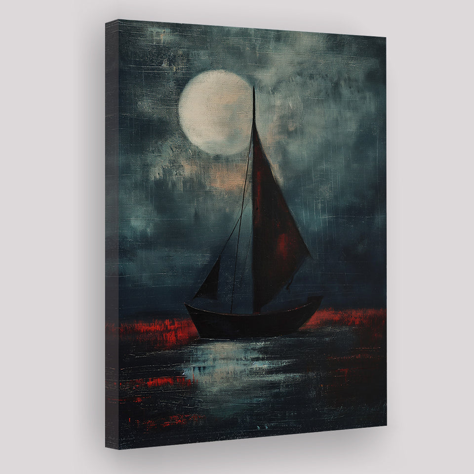 Muted Sailboat In Moonlight Oil Painting V2, Canvas Prints Wall Art Home Decor, Painting Canvas Art