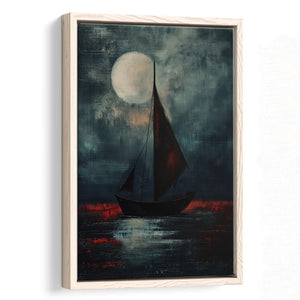 Muted Sailboat In Moonlight Oil Painting V2, Framed Canvas Prints Wall Art Decor, Floarting Frame Painting Canvas Art