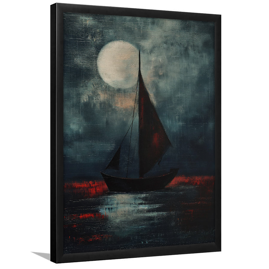 Muted Sailboat In Moonlight Oil Painting V2, Framed Art Prints Wall Decor, Picture Framed Painting