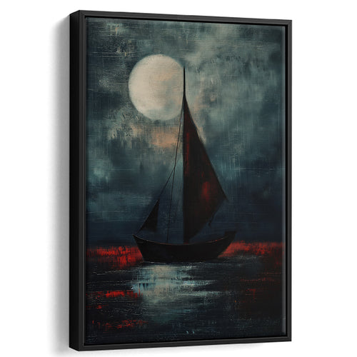 Muted Sailboat In Moonlight Oil Painting V2, Framed Canvas Prints Wall Art Decor, Floarting Frame Painting Canvas Art