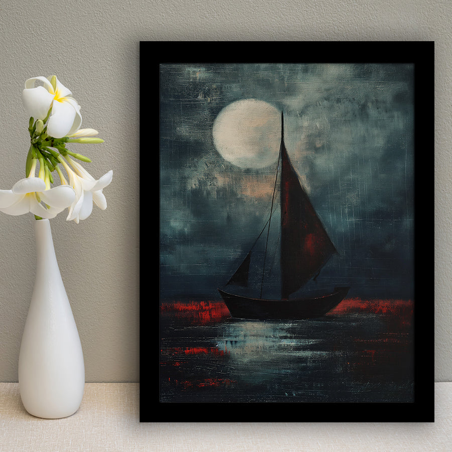 Muted Sailboat In Moonlight Oil Painting V2, Framed Art Prints Wall Decor, Picture Framed Painting