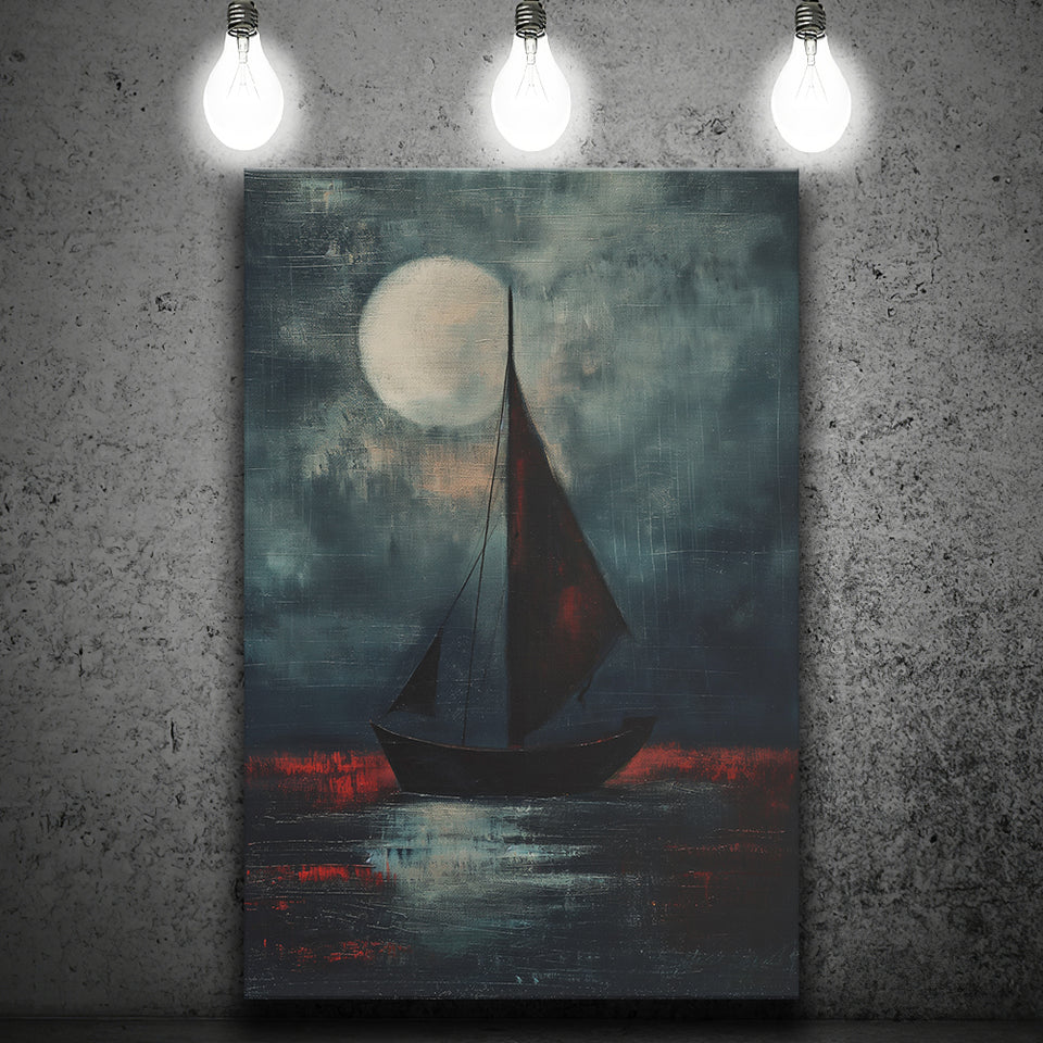 Muted Sailboat In Moonlight Oil Painting V2, Canvas Prints Wall Art Home Decor, Painting Canvas Art