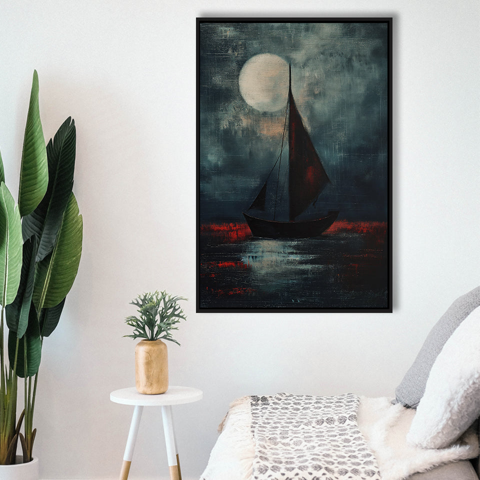 Muted Sailboat In Moonlight Oil Painting V2, Framed Canvas Prints Wall Art Decor, Floarting Frame Painting Canvas Art