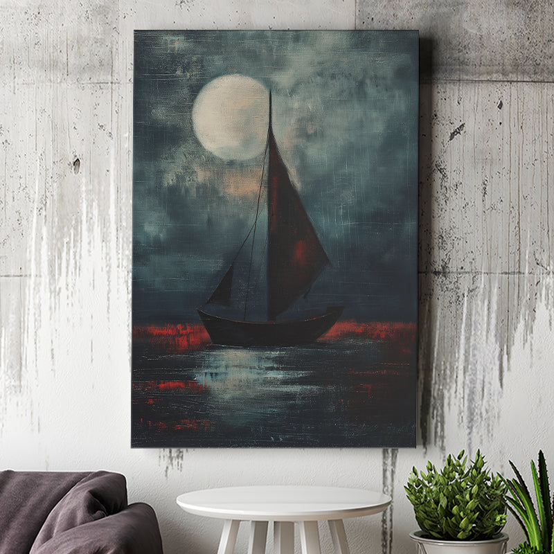 Muted Sailboat In Moonlight Oil Painting V2, Canvas Prints Wall Art Home Decor, Painting Canvas Art