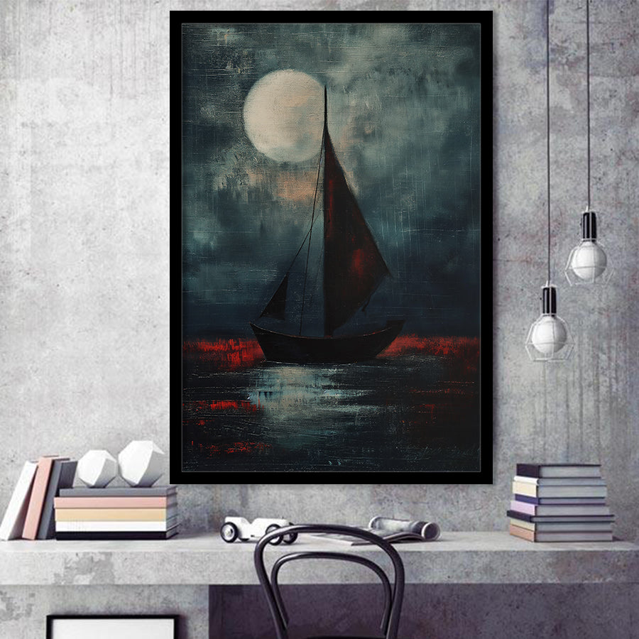 Muted Sailboat In Moonlight Oil Painting V2, Framed Art Prints Wall Decor, Picture Framed Painting