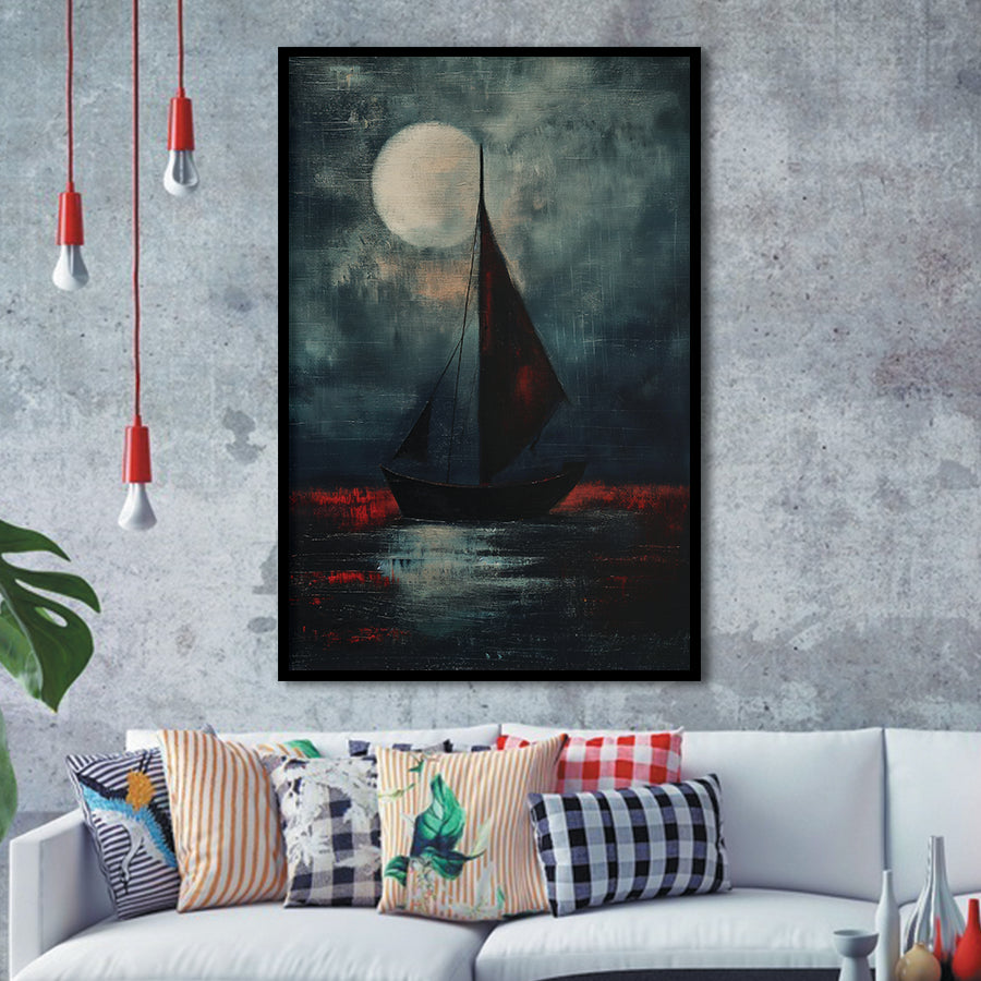 Muted Sailboat In Moonlight Oil Painting V2, Framed Art Prints Wall Decor, Picture Framed Painting