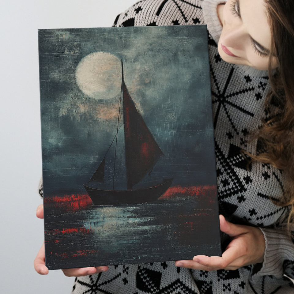 Muted Sailboat In Moonlight Oil Painting V2, Canvas Prints Wall Art Home Decor, Painting Canvas Art