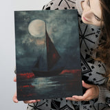 Muted Sailboat In Moonlight Oil Painting V2, Canvas Prints Wall Art Home Decor, Painting Canvas Art