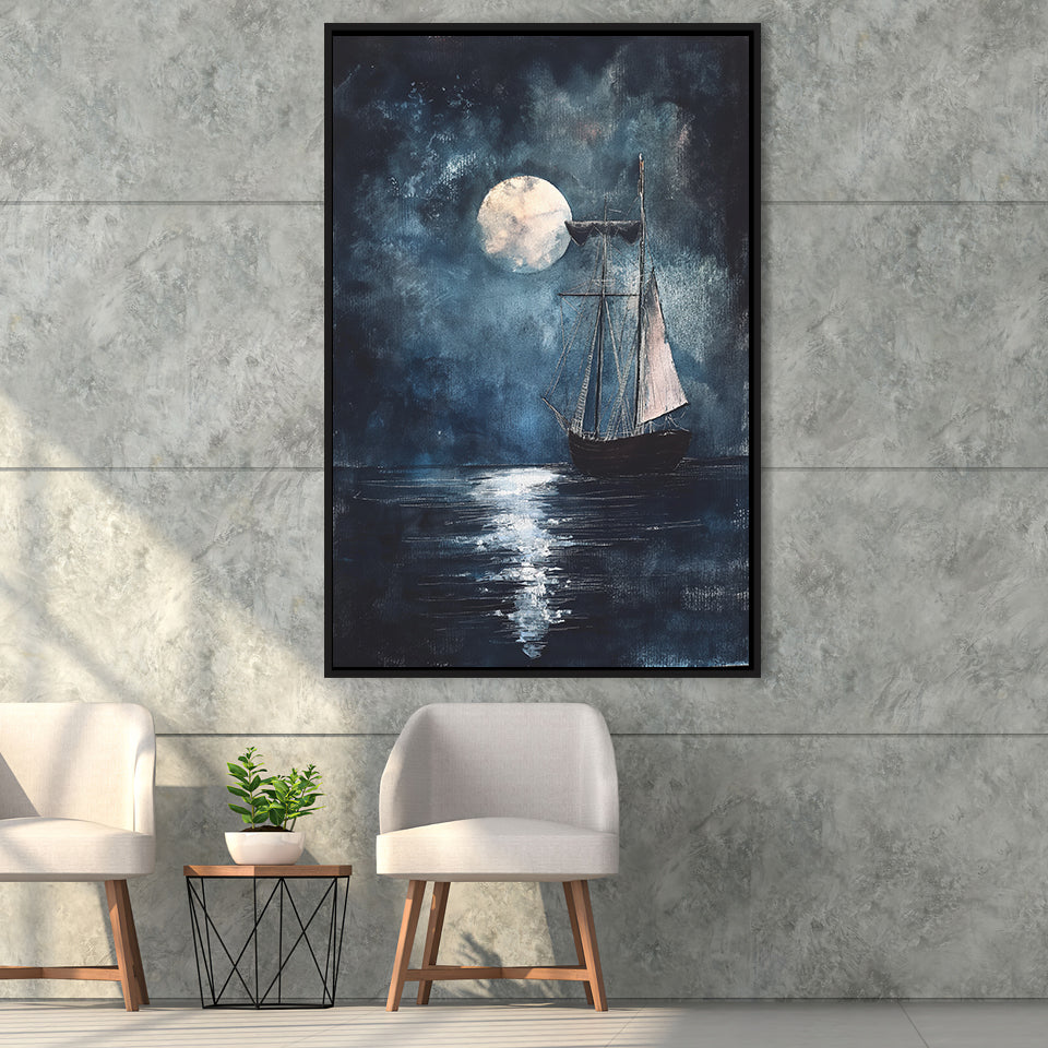 Muted Sailboat In Moonlight Oil Painting, Framed Canvas Prints Wall Art Decor, Floarting Frame Painting Canvas Art