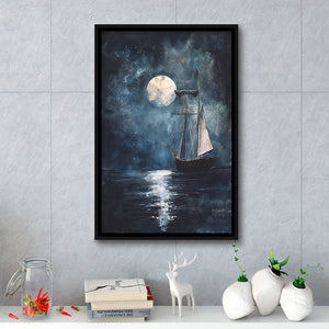 Muted Sailboat In Moonlight Oil Painting, Framed Canvas Prints Wall Art Decor, Floarting Frame Painting Canvas Art