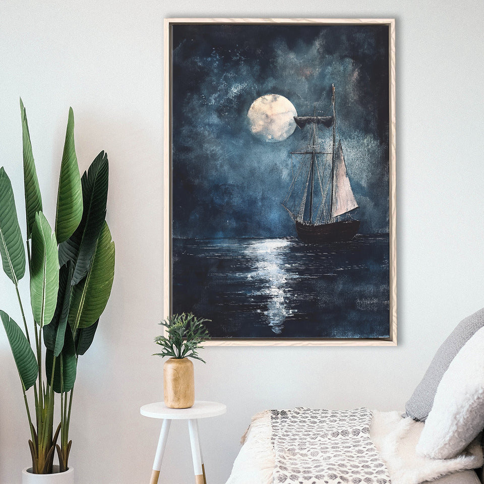 Muted Sailboat In Moonlight Oil Painting, Framed Canvas Prints Wall Art Decor, Floarting Frame Painting Canvas Art