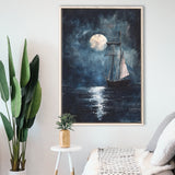 Muted Sailboat In Moonlight Oil Painting, Framed Canvas Prints Wall Art Decor, Floarting Frame Painting Canvas Art