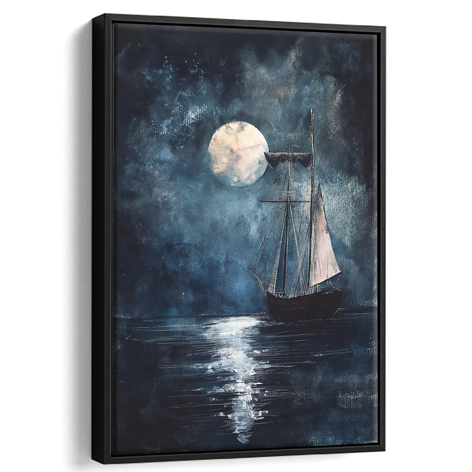 Muted Sailboat In Moonlight Oil Painting, Framed Canvas Prints Wall Art Decor, Floarting Frame Painting Canvas Art