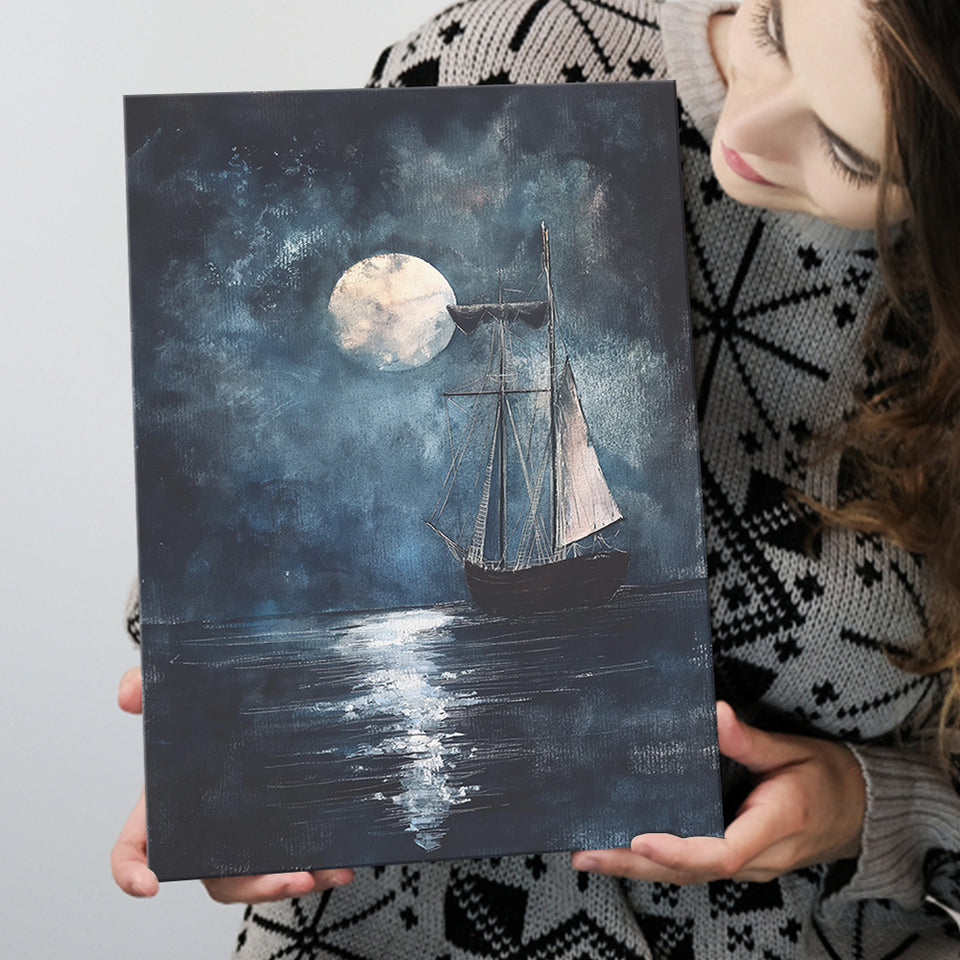 Muted Sailboat In Moonlight Oil Painting, Canvas Prints Wall Art Home Decor, Painting Canvas Art