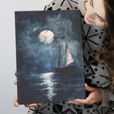Muted Sailboat In Moonlight Oil Painting, Canvas Prints Wall Art Home Decor, Painting Canvas Art