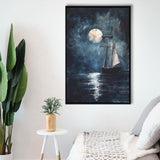 Muted Sailboat In Moonlight Oil Painting, Framed Canvas Prints Wall Art Decor, Floarting Frame Painting Canvas Art