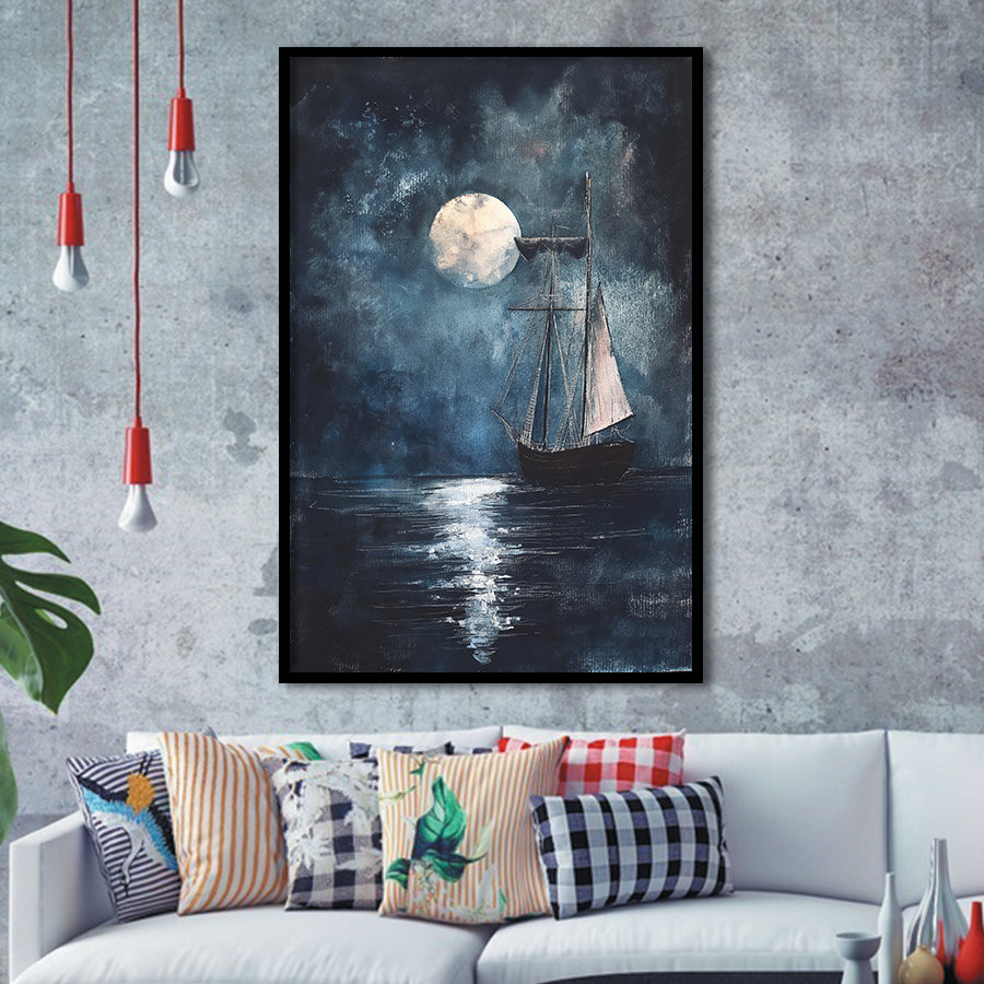 Muted Sailboat In Moonlight Oil Painting, Framed Art Prints Wall Decor, Picture Framed Painting