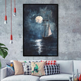 Muted Sailboat In Moonlight Oil Painting, Framed Art Prints Wall Decor, Picture Framed Painting