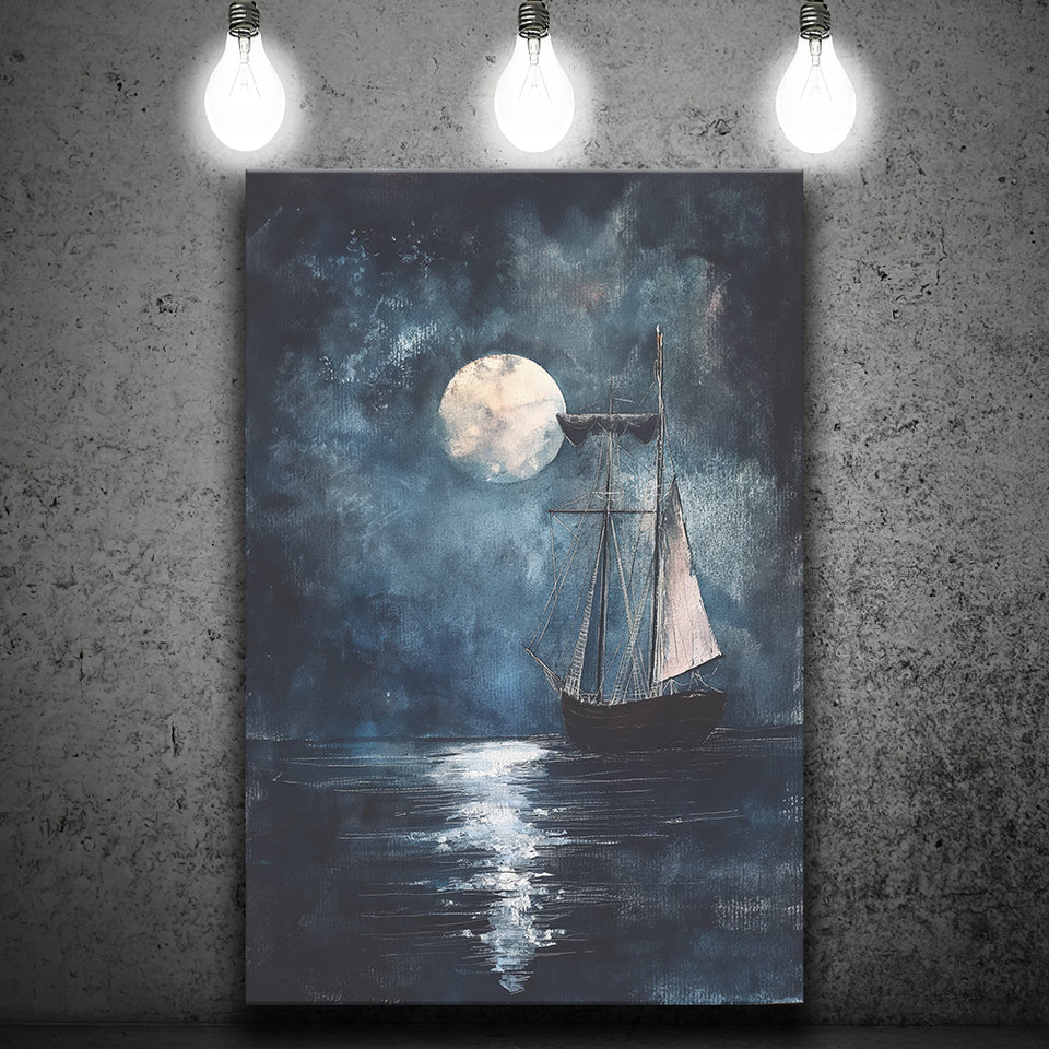 Muted Sailboat In Moonlight Oil Painting, Canvas Prints Wall Art Home Decor, Painting Canvas Art