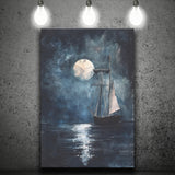 Muted Sailboat In Moonlight Oil Painting, Canvas Prints Wall Art Home Decor, Painting Canvas Art