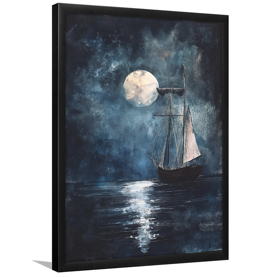 Muted Sailboat In Moonlight Oil Painting, Framed Art Prints Wall Decor, Picture Framed Painting