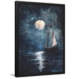 Muted Sailboat In Moonlight Oil Painting, Framed Art Prints Wall Decor, Picture Framed Painting