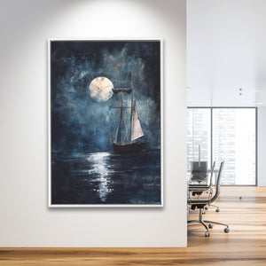 Muted Sailboat In Moonlight Oil Painting, Framed Canvas Prints Wall Art Decor, Floarting Frame Painting Canvas Art