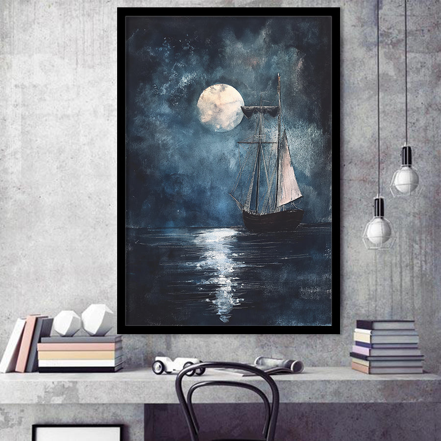 Muted Sailboat In Moonlight Oil Painting, Framed Art Prints Wall Decor, Picture Framed Painting
