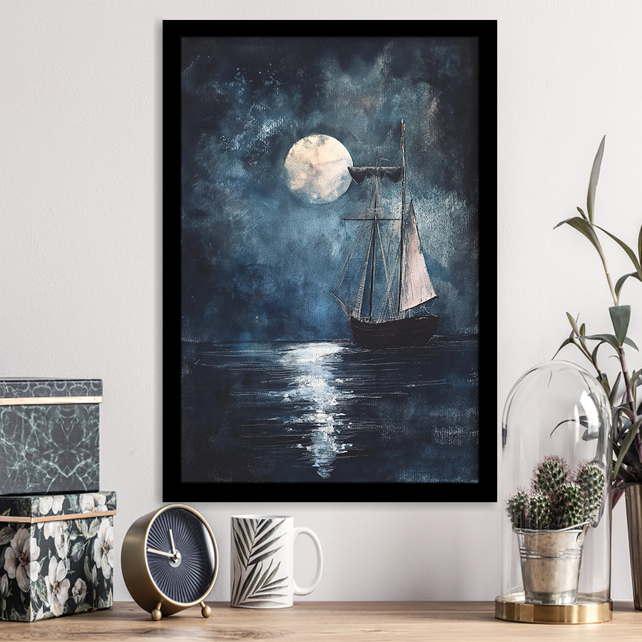 Muted Sailboat In Moonlight Oil Painting, Framed Art Prints Wall Decor, Picture Framed Painting