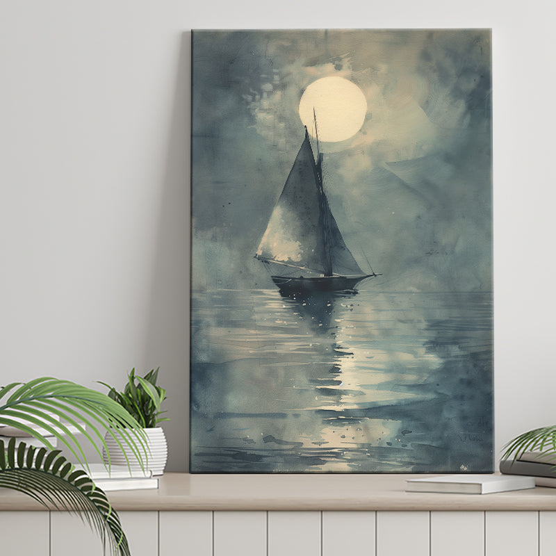 Muted Sailboat In Moonlight, Old Vintage Style, Canvas Prints Wall Art Home Decor, Painting Canvas Art