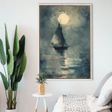 Muted Sailboat In Moonlight, Old Vintage Style, Framed Canvas Prints Wall Art Decor, Floarting Frame Painting Canvas Art