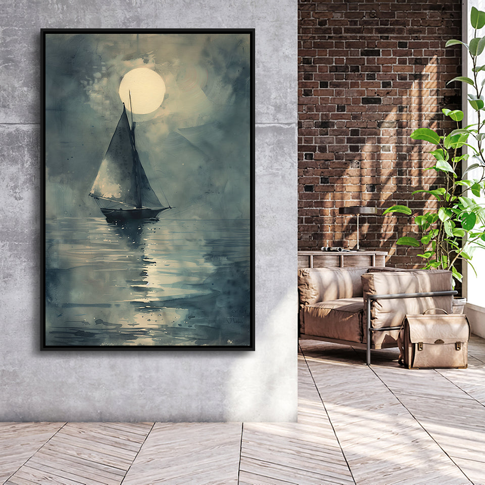 Muted Sailboat In Moonlight, Old Vintage Style, Framed Canvas Prints Wall Art Decor, Floarting Frame Painting Canvas Art