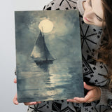 Muted Sailboat In Moonlight, Old Vintage Style, Canvas Prints Wall Art Home Decor, Painting Canvas Art
