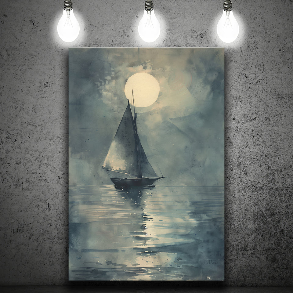 Muted Sailboat In Moonlight, Old Vintage Style, Canvas Prints Wall Art Home Decor, Painting Canvas Art
