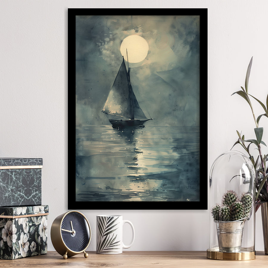 Muted Sailboat In Moonlight, Old Vintage Style, Framed Art Prints Wall Decor, Picture Framed Painting