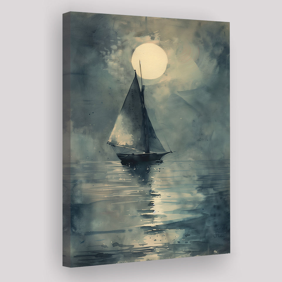 Muted Sailboat In Moonlight, Old Vintage Style, Canvas Prints Wall Art Home Decor, Painting Canvas Art