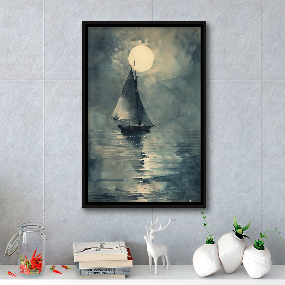 Muted Sailboat In Moonlight, Old Vintage Style, Framed Canvas Prints Wall Art Decor, Floarting Frame Painting Canvas Art