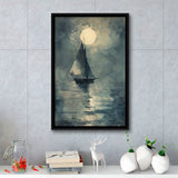 Muted Sailboat In Moonlight, Old Vintage Style, Framed Canvas Prints Wall Art Decor, Floarting Frame Painting Canvas Art