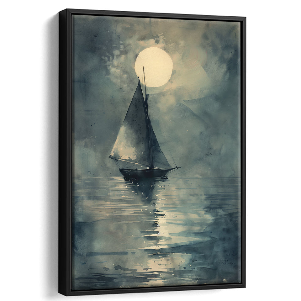 Muted Sailboat In Moonlight, Old Vintage Style, Framed Canvas Prints Wall Art Decor, Floarting Frame Painting Canvas Art