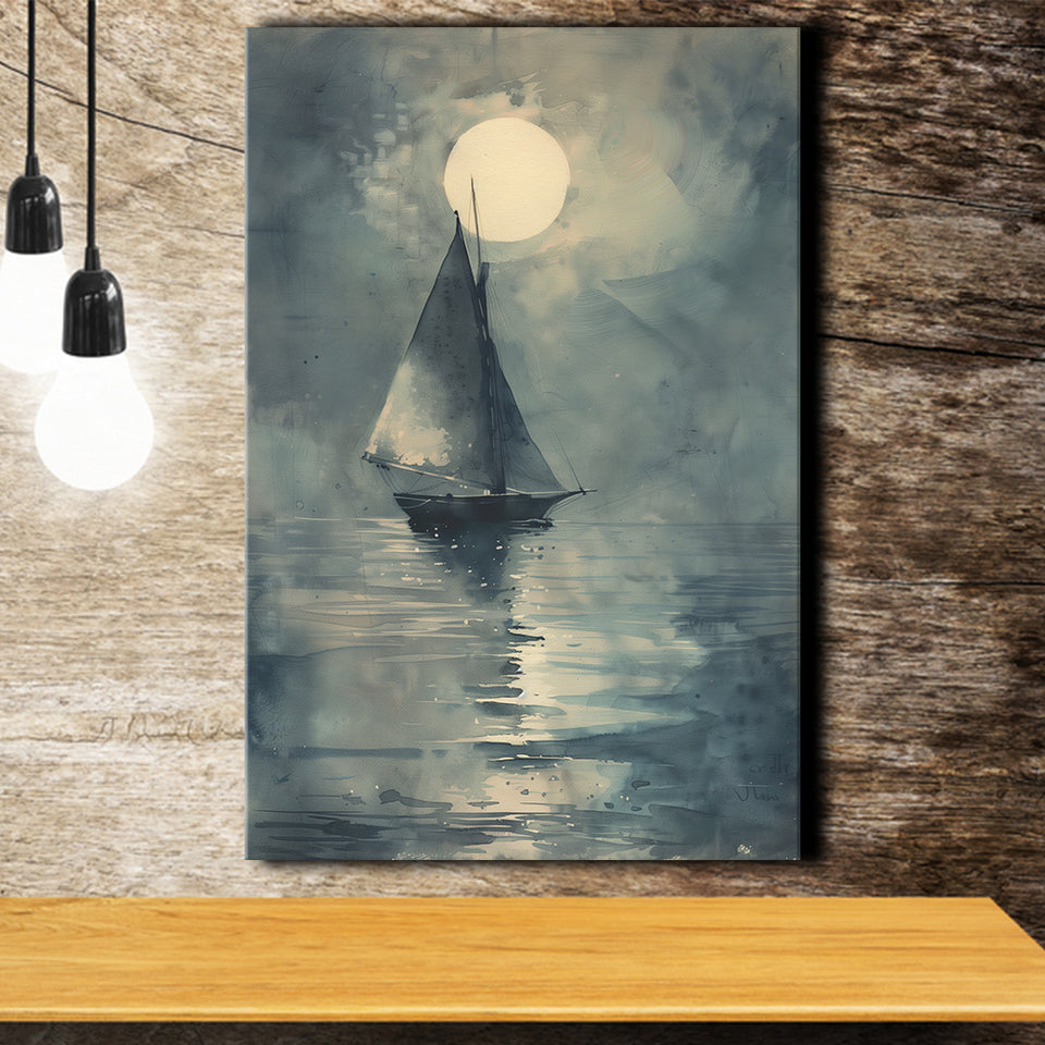 Muted Sailboat In Moonlight, Old Vintage Style, Canvas Prints Wall Art Home Decor, Painting Canvas Art