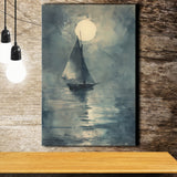 Muted Sailboat In Moonlight, Old Vintage Style, Canvas Prints Wall Art Home Decor, Painting Canvas Art
