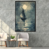 Muted Sailboat In Moonlight, Old Vintage Style, Framed Canvas Prints Wall Art Decor, Floarting Frame Painting Canvas Art