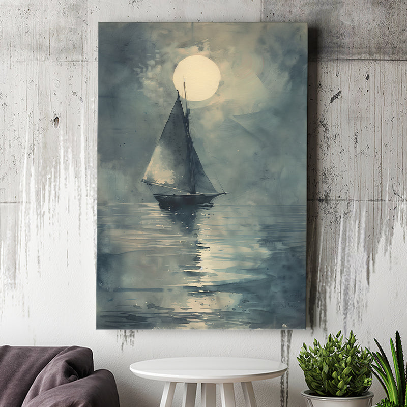 Muted Sailboat In Moonlight, Old Vintage Style, Canvas Prints Wall Art Home Decor, Painting Canvas Art