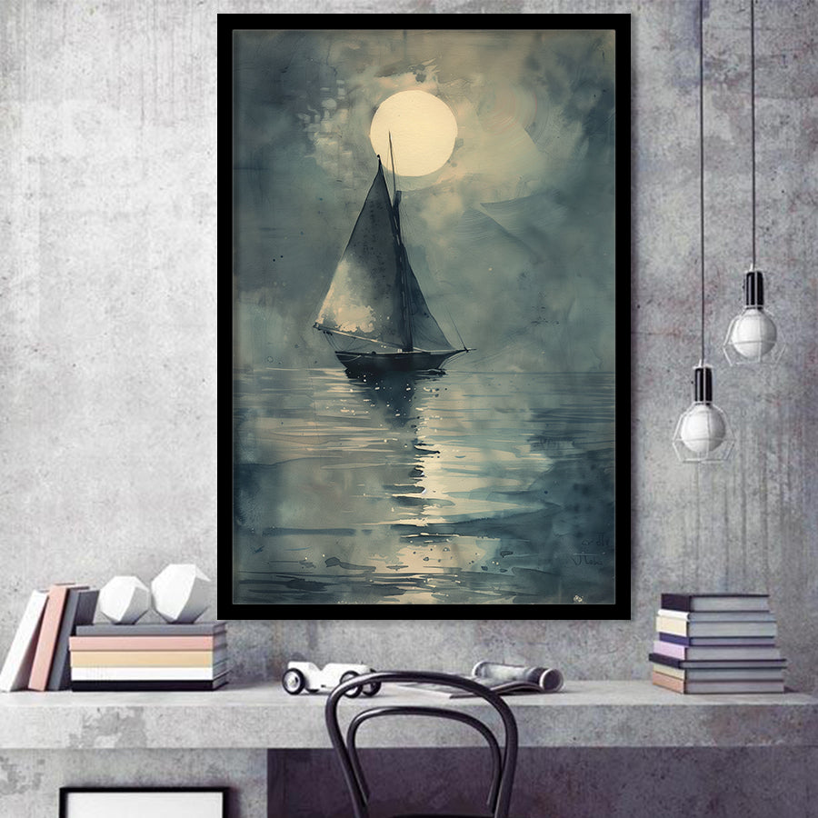 Muted Sailboat In Moonlight, Old Vintage Style, Framed Art Prints Wall Decor, Picture Framed Painting