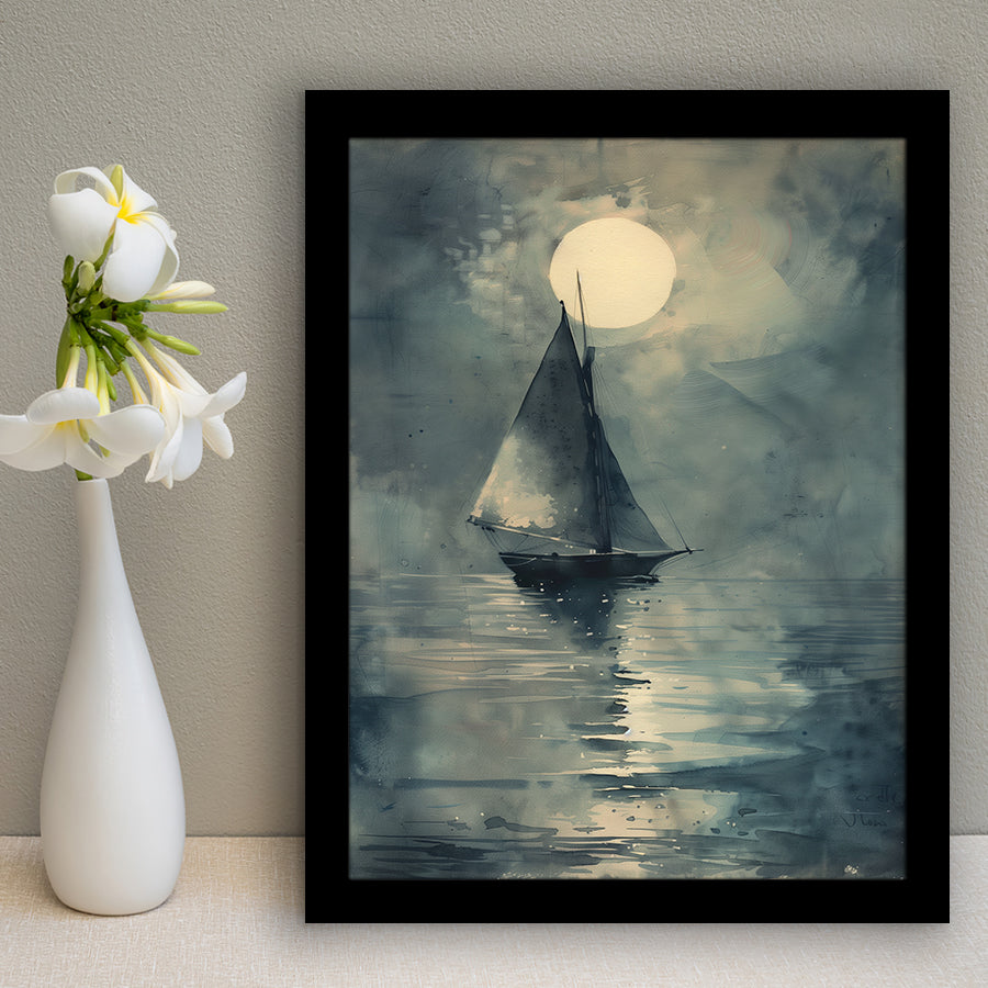 Muted Sailboat In Moonlight, Old Vintage Style, Framed Art Prints Wall Decor, Picture Framed Painting